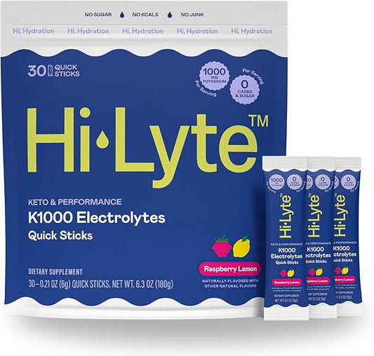 Hi-Lyte Keto & Performance - K1000 Electrolyte Quick Sticks - Raspberry Lemon - 1000mg Potassium, Magnesium, Calcium - Single-Serve Packets for Keto Hydration Support - No Sugar, No Carbs