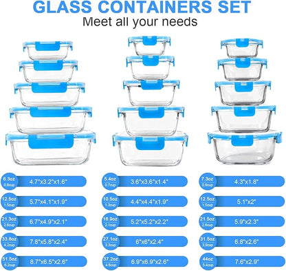 30 Pieces Glass Food Storage Containers, Meal Prep Set with Snap Locking Lids, Airtight lunch Containers, BPA-Free, Microwave, Oven, Freezer & Dishwasher Friendly,Blue