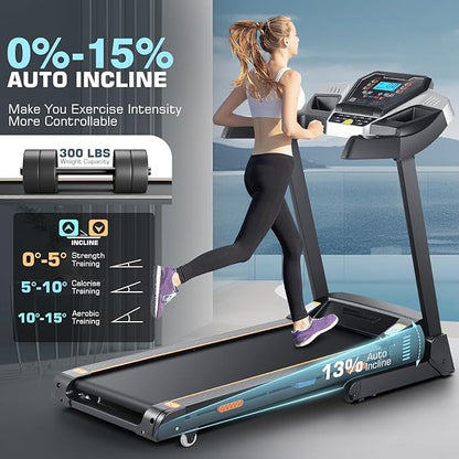 Treadmill with 15% Auto Incline, FUNMILY 3.25HP Heavy Duty Treadmill for Home, 300 lb Weight Capacity Folding Running Machine, Smart App Control/Shock Absorption/Bluetooth Speaker/Large LED Display