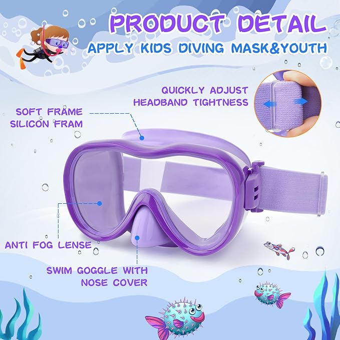 Kids Swim Goggles 180° Snorkel Diving Mask with Nose Cover, Anti-Fog Kids Swimming Goggles with Elastic Fabric Strap for Kids Boys Girls