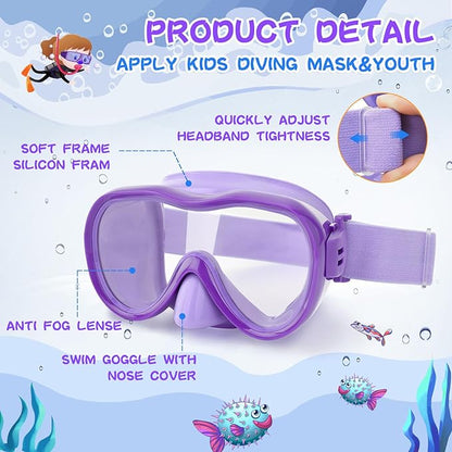 Kids Swim Goggles 180° Snorkel Diving Mask with Nose Cover, Anti-Fog Kids Swimming Goggles with Elastic Fabric Strap for Kids Boys Girls