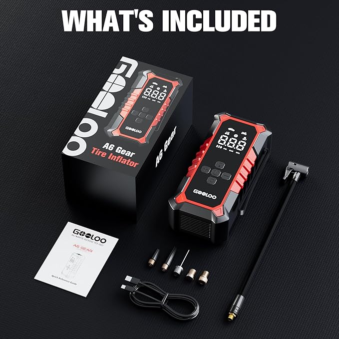 GOOLOO A6 Gear Tire Inflator Portable Air Compressor, 160 PSI Cordless Tire Inflator with Digital Pressure Gauge ＆LED Light, Air Pump for Car Tires, Bike, Motorcycle, Balls