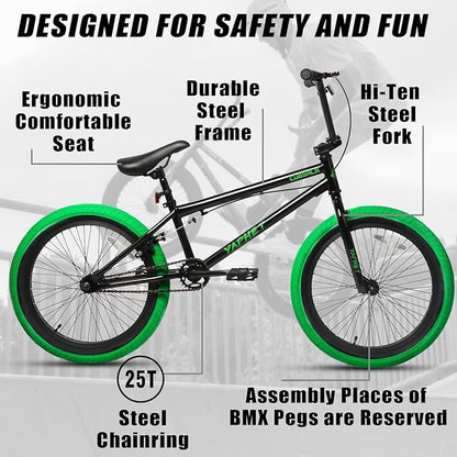 Freestyle BMX Bike, 20 Inch Yaphet Bicycle for Teen Beginner and Adult Riders, Bike with Hi-Ten Steel Frame, Multiple Colors