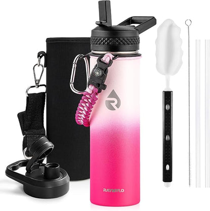 Insulated Water Bottle 20 oz, Triple Wall Vacuum Stainless Steel (Cold for 48 Hrs), Leak Proof & Non-BPA, Kids Water Bottle Jug for School with Straw Spout Lids, Ombre Pink