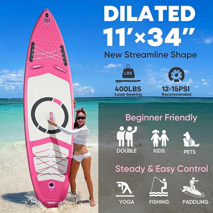 Inflatable Paddle Board,Stand Up Paddle Board Set, Extra Wide SUP Board with Removable Fin, Floating Paddle, Hand Pump, Waterproof Phone Pouch,Traveling Board