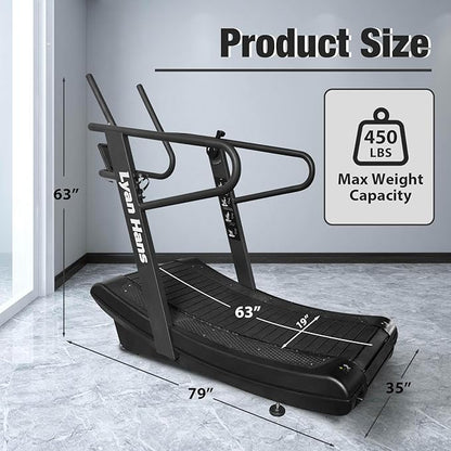 Curved Manual Treadmill, Non-Electric Curve Treadmill with 4 Resistance Levels, Self-Generated Air Runner with LCD, Commercial Motorless Treadmills for Home Gym, 450LBS Capacity, Black