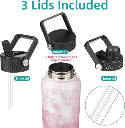 Insulated Water Bottle 24oz Stainless Steel Sport Bottles with 3 Lids,Marble Blossom