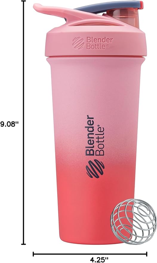 BlenderBottle Sport Sleek Insulated Stainless Steel Shaker Bottle with Wire Whisk, 25-Ounce, Flamingo Ombre – Protein Shakes & Hydration for Athletes & Fitness Enthusiasts, Easy Mixing, Slim Easy to Hold, Keeps Drinks Cold, Lockable Lid