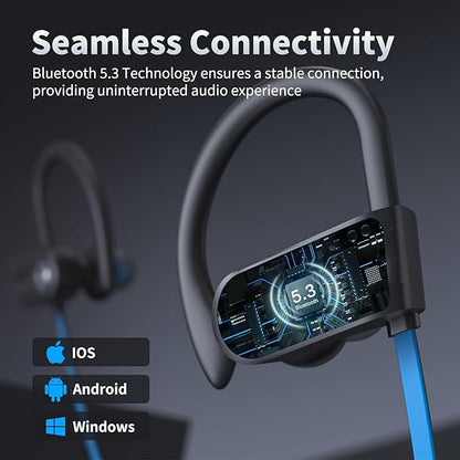 JOYWISE Wireless Headphones Bluetooth 5.3 Headphones with 16 Hours Playtime, Over-Ear Stereo Bass Earphones with Earhooks Headset, Sports Earbuds with Storage Bag for Running, Blue