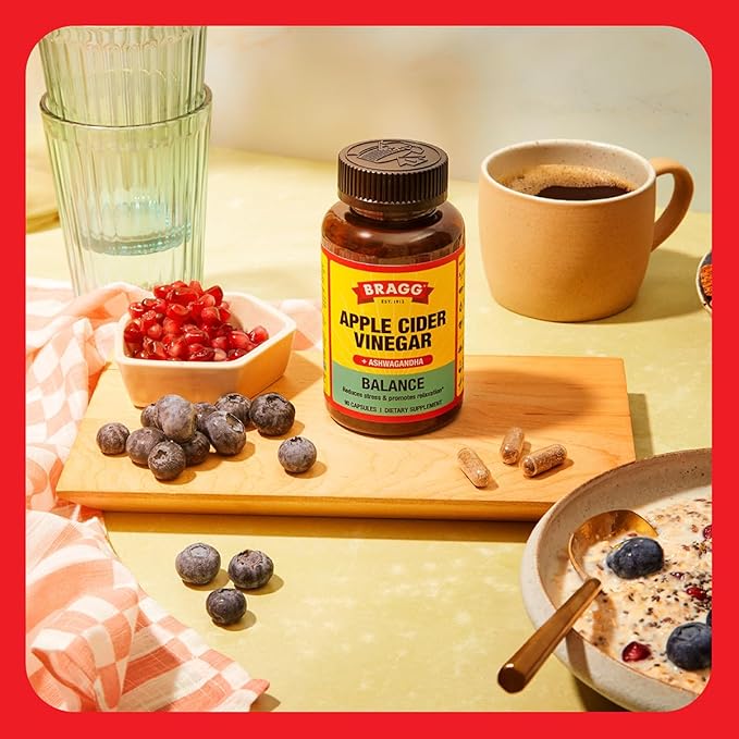 Bragg Daily Balance Apple Cider Vinegar and Sensoril Ashwagandha Capsules - 750mg of Acetic Acid – Energy & Weight Management Support - (90 Pills)