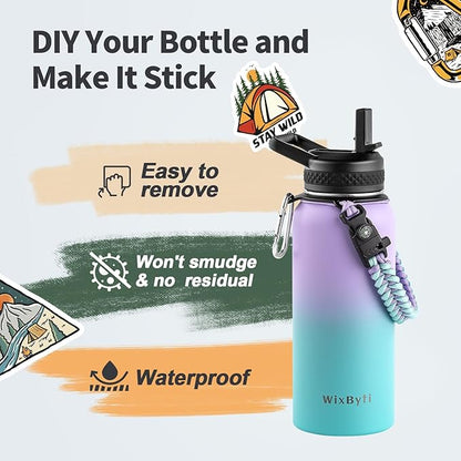 32 oz Insulated Water Bottle with Straw (Cold for 48 Hrs), Stainless Steel Triple Wall Vacuum Sports Water Jug, Leakproof Hydro Cup Flask with Paracord Handle & Straw Spout Lids & DIY Stickers
