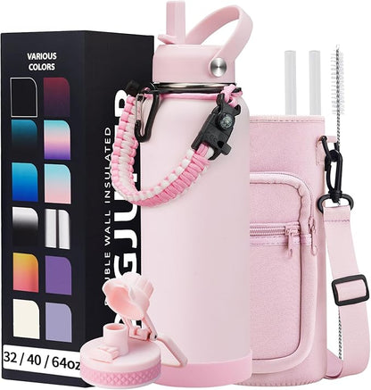 40 oz Insulated Water Bottles with Straw & Auto Chug Lid, Paracord Handle, Metal Flask Keep Cold-48H & Hot-24H, Double Vacuum Stainless Steel Travel Jug with Carrying Case for Gym Workout Running