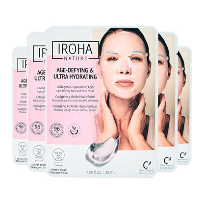 IROHA NATURE Face Masks - Packs for Better Skin (Pack of 5, Anti-Aging Face & Neck Tissue Mask with Collagen (96% Natural Ingredients))