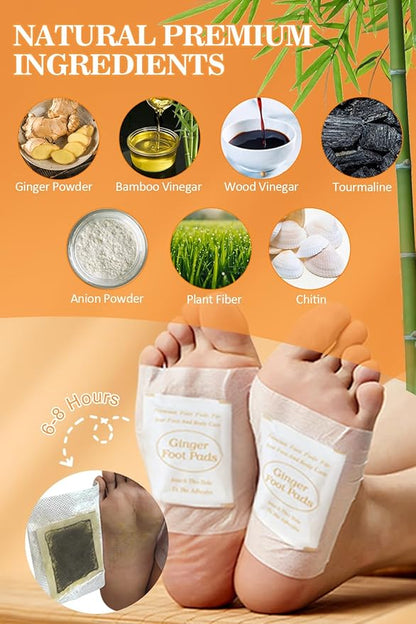 Foot Pads - 60Pads Pure Natural Ginger Powde Bamboo Vinegar Pads, Goodnight Foot Pads for Travel or Home Use