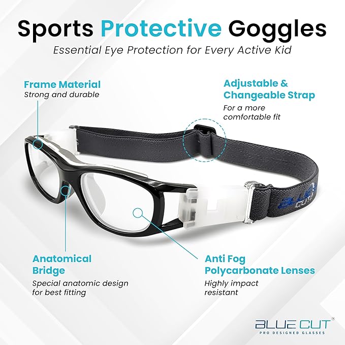 BLUE CUT Safety Basketball Goggles For Kids for Outdoor Sports Activities Anti Fog Replaceable to Prescription Lenses