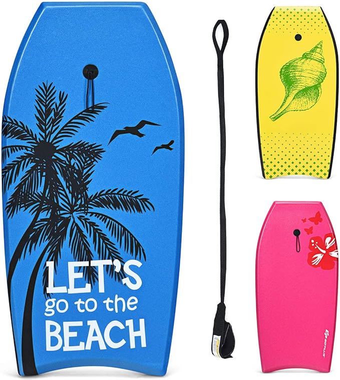 Goplus 41''/37''/33'' Lightweight Body Board for Beach, Surf Board with EPS Core, XPE Deck, HDPE Slick Bottom, Wrist Leash, Bodyboard for Kids Adults Surfing