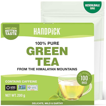 HANDPICK, Green Tea Bags - 100 Eco-Friendly Tea Bags | Resealable Pack for Freshness | Delicate & Flavory | Direct From India