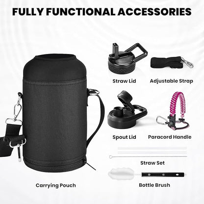 Insulated Water Bottle 64 oz, Triple Wall Vacuum Stainless Steel (Cold for 48 Hrs), Leak Proof & Non-BPA, Half Gallon Water Flask Jug with Paracord Handle & Straw Spout Lids, Ombre Pink