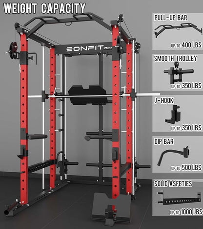 Eonfit E5 Smith Machine with Vertical Leg Press, Power Cage Squat Rack with LAT-Pull Down Cable Crossover Rotating Arms System Home Gym Equipment All in One (E5 RED)