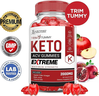 Justified Laboratories (5 Pack Trim Tummy Keto ACV Gummies Extreme 2000MG Trim Tummy Keto Gummies Apple Cider Vinegar Formulated with Pomegranate Beet Juice Powder B12 Vegan Non GMO 300 Gummys