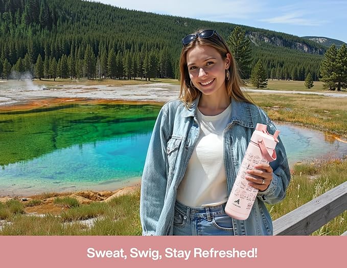 26 oz National Parks Water Bottle with Waterproof Stickers: 2-in-1 Straw Spout Lid, Keep Cold 24H, Leakproof, Car CupHolder Friendly, Insulated Stainless Steel Cup for Travel, Sports, School (Pink)