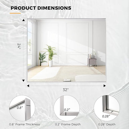 24x32 Inch Nickel Bathroom Mirror for Wall, Aluminum Frame Rectangle Rectangular Vanity Mirror, Modern Large for Bedroom, Living Room, Horizontal or Vertical
