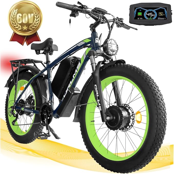 Electric Dirt Bike, 5000W Peak Dual Motor EBike for Adults, 60V 25AH Battery Electric Bike with 40-50MPH Mountain AWD 21-Speed Snow, 26" x 4.0 Fat Tire, Long Range Off-Road
