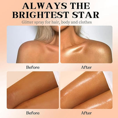 Glitter Spray for Hair and Body, Glitter Body Spray, Quick-Drying Waterproofing Body Shimmer Suitable for Festival Rave (Gold, 2.6 fl oz)