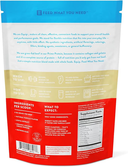 Equip Foods Prime Protein Powder | Clean, Grass Fed Beef Protein Isolate | Carnivore Protein Powder | Paleo, Keto Friendly | Gluten, Dairy Free | Helps Build & Repair Tissue | 30 Servings, Vanilla