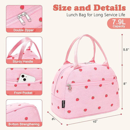 FlowFly Insulated Lunch Bag for Women – Corduroy Lunch Tote Box, Cute Cooler Bag for Work, Travel, Picnic,Corduroy Strawberries RoseRed
