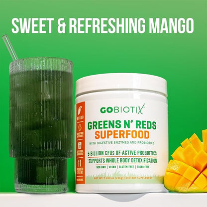 GOBIOTIX Super Greens and Reds Powder - Red and Green Superfood - Probiotic Supplement - Digestive Enzymes and Beet Root Powder - Organic Whole Foods Dietary Supplement (Mango, 3 Pack)