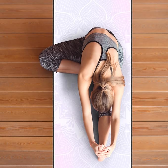 QiyI Yoga Mat Towel with Corner Pockets, Non Slip Sweat Absorbent Hot Yoga Towels, Soft Yoga Blankets with Travel Bag, Skidless Mat Cover for Workout, Gym, Fitness - 70"x26", Purple Mandala