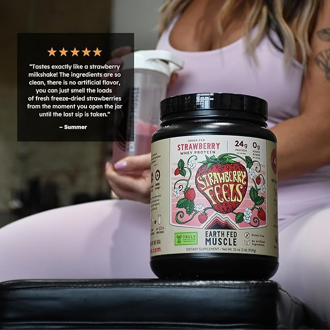 Earth Fed Muscle Strawberry Feels (Forever) – Irish Truly Grass‑Fed Whey Protein Isolate, No Sugar, Soy‑Free, Gluten‑Free (2 lb, 29 Servings, Strawberry)