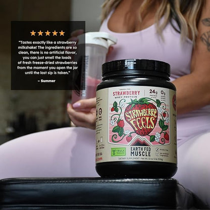 Earth Fed Muscle Strawberry Feels (Forever) – Irish Truly Grass‑Fed Whey Protein Isolate, No Sugar, Soy‑Free, Gluten‑Free (2 lb, 29 Servings, Strawberry)