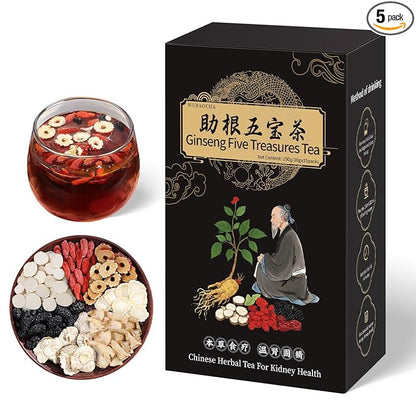 Ginseng Five Treasures Kidney Tea - Chinese Six Treasure Organic Cleanse Detox Tea for Women and Men's Health - 7 Precious Ingredients Formula (15 Bags/1 Boxes)