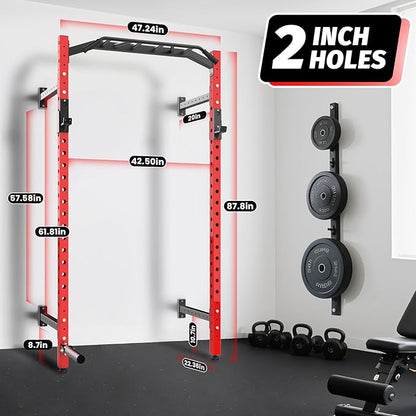 1600LB Wall Mounted Power Rack, Commercial Squat Rack for Home Gym with Multi-Grip Pull Up Bar, j-Cups & Landmine Attachment for Home and Garage Gym