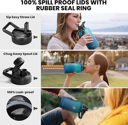 Insulated Water Bottle 64 oz, Triple Wall Vacuum Stainless Steel (Cold for 48 Hrs), Leak Proof & Non-BPA, Half Gallon Water Flask Jug with Paracord Handle & Straw Spout Lids, Cyan Blue