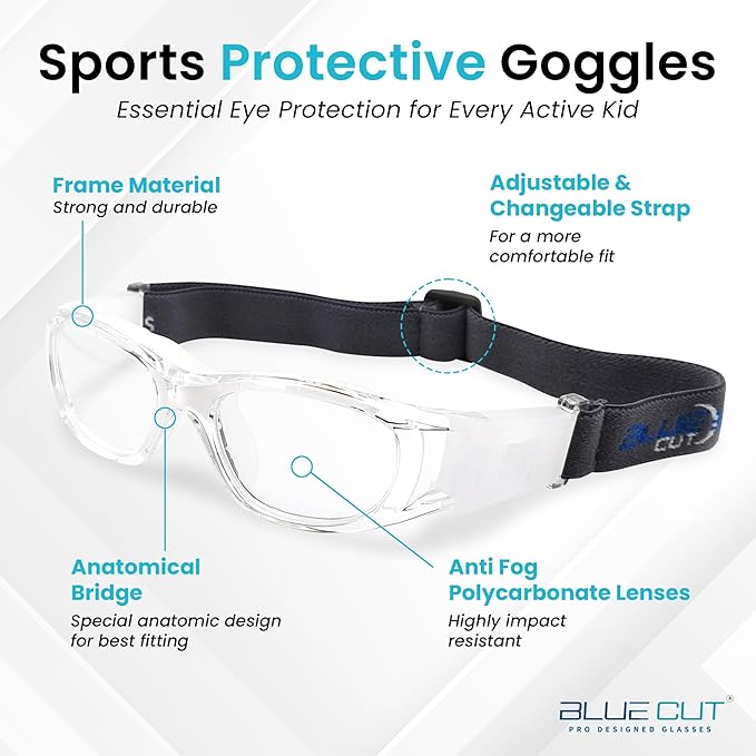 BLUE CUT Safety Basketball Goggles For Kids for Outdoor Sports Activities Anti Fog Replaceable to Prescription Lenses