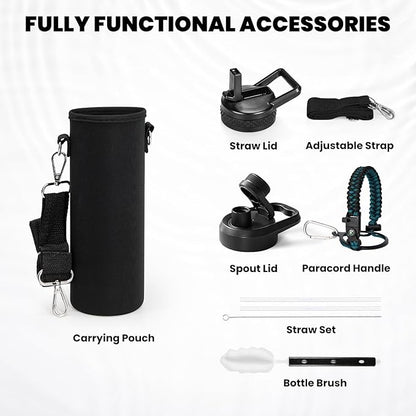 Insulated Water Bottle 24oz, Triple Wall Vacuum Stainless Steel (Cold for 48 Hrs, Hot for 24Hrs), Leak Proof & Non-BPA, 24oz Hydro Water Flask with Paracord Handle & Straw Spout Lids