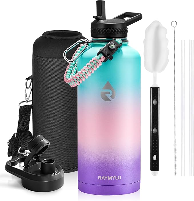 Insulated Water Bottle 87 oz, Triple Wall Vacuum Stainless Steel (Cold for 48 Hrs), Leak Proof & Non-BPA, Modern Water Flask Jug with Paracord Handle & Straw Spout Lids, Hydrangea