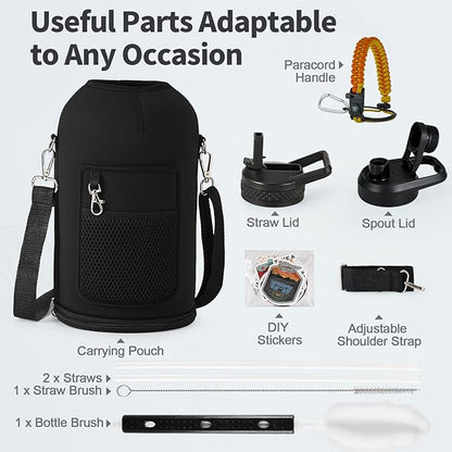 One Gallon Water Bottle Insulated with DIY Stickers, Triple Wall Vacuum Cold for 48 Hrs Leak-proof Non-BPA, 128oz Large Sports Stainless Steel Water Jug with Paracord Handle Straw Spout Lids