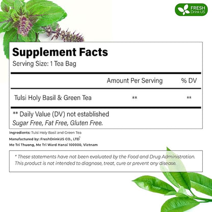 FreshDrinkUS, Premium 30 Tulsi Green Tea Bags, 100% Natural, Blend of Tulsi Holy Basil Leaves, and Green Tea Leaves. Made with Natural Material Tea Bags. No Sugar, Vegan.