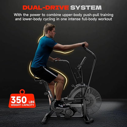 Air Bike, Exercise Bike with Magnetic & Air Resistance Fan Bike, Stationary Bike for Home Cardio Workout, Adjustable Indoor Cycling Bike with APP & Dual Action Handlebars, 350lb Capacity