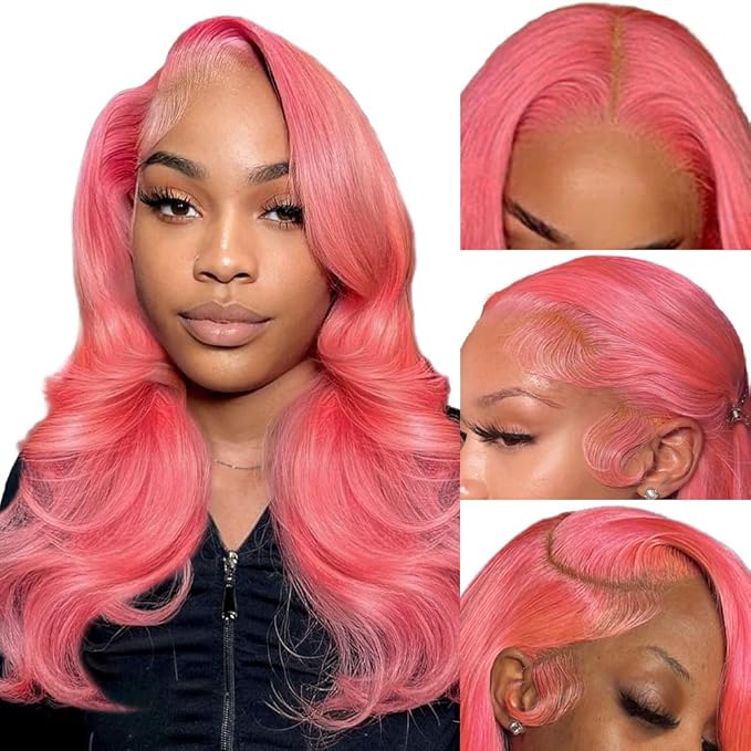 18 Inch Pink Lace Front Wig Human Hair 13x4 HD Lace Pink Body Wave Wig Human Hair Pre Plucked Colored Body Wave Wig Human Hair For Women 150% Density Strawberry Body Wave Lace Front Wig