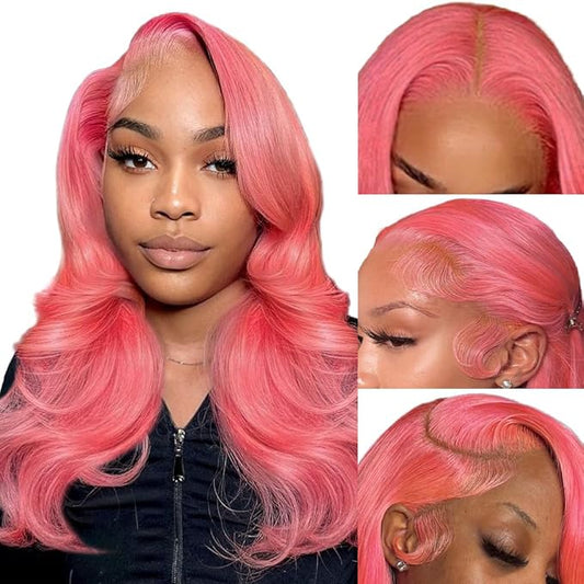 18 Inch Pink Lace Front Wig Human Hair 13x4 HD Lace Pink Body Wave Wig Human Hair Pre Plucked Colored Body Wave Wig Human Hair For Women 150% Density Strawberry Body Wave Lace Front Wig