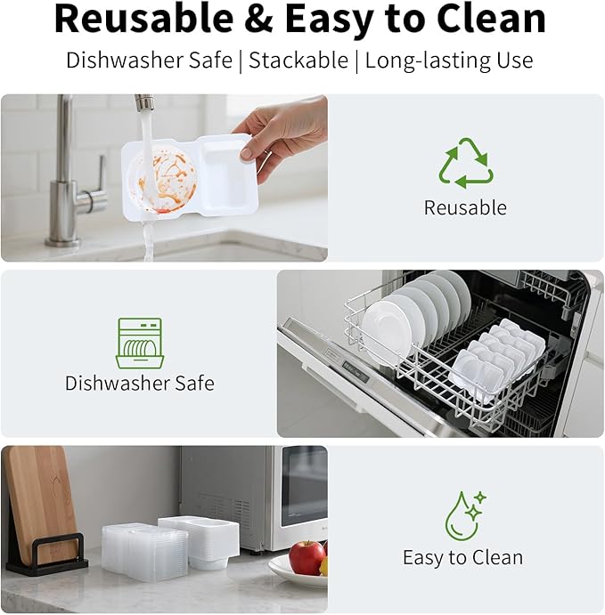 20 Sets Reusable Snack Containers with Lids & 20 Sporks – Double Compartment for Portion Control, BPA-Free Leak-Proof Dipping Containers for Meal Prep, Travel, and Outdoor Snacks (White)