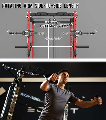 Eonfit E3 Smith Machine with 360°Rotating Arm for Home Gym Equipment, Multi-Function Power Cage Squat Rack with Cable Crossover LAT Pulldown Pulley System All in One
