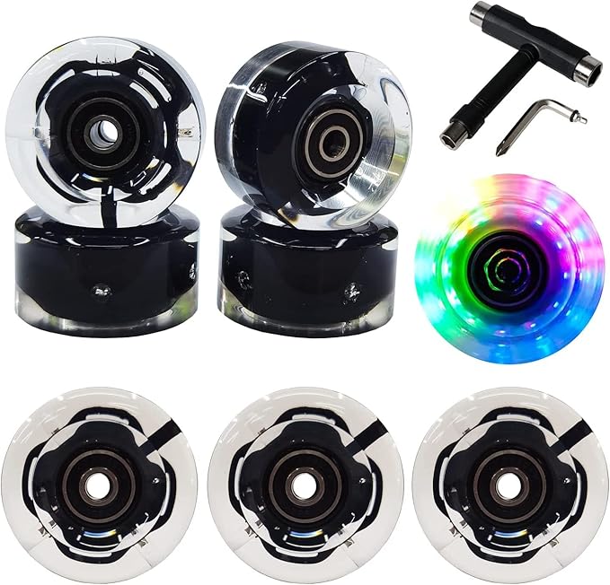 FREEDARE Roller Skate Wheels 54mm/58mm and Bearings Indoor Outdoor Luminous Light Up 83A with T Tools for Double Row Skating and Skateboard (8 Pack)