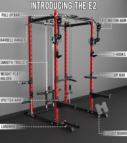Eonfit E2 Power Cage，1500LB Squat Rack with Cable Crossover System.Multi-Function Power Rack for Home Gum.All-in-One Squat Rack with More Training Attachments