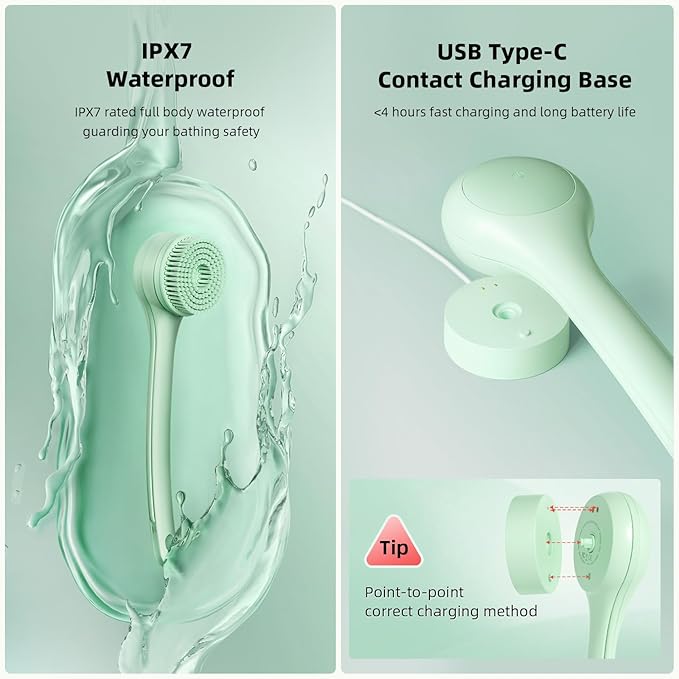 Electric Body Brush Back Scrubber for Shower, Waterproof Long Dual Handle Power Body Scrubber with 3 Heads, Rechargeable Bath Brush & 2 Speeds, for Cleansing, Exfoliating and Massaging Skin